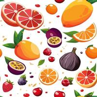 naadloos patroon met fruit, bessen en groen bladeren. geïsoleerd illustratie Aan wit achtergrond. zomer fruit ontwerp voor kleding stof, textiel, bed linnen, kinderen kleding, scrapbooking vector