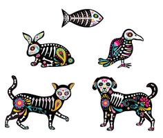 Mexicaans dier schedels, feestelijk hond, vogel, kat en vis. dia de los muertos, Mexicaans dag van dood. dieren skeletten, halloween viering spookachtig schattig karakters. tegenwoordig dag van dood vector