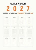 kalender 2027 blanco sjabloon schoon en minimaal ontwerp grootte a4, week begin Aan zondag vector