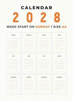 kalender 2028 blanco sjabloon schoon en minimaal ontwerp grootte a4, week begin Aan zondag vector