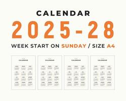 kalender 2025-28 blanco sjabloon schoon en minimaal ontwerp grootte a4, week begin Aan zondag vector