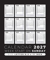 kalender 2027 blanco sjabloon schoon en minimaal ontwerp grootte brief, week begin Aan zondag vector