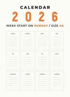 kalender 2026 blanco sjabloon schoon en minimaal ontwerp grootte a4, week begin Aan zondag vector