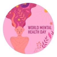 wereld mentaal Gezondheid dag illustratie, mooi bloemen in vrouw hoofd, vlak illustratie. vector