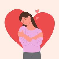 zelf liefde concept, vrouw knuffelen haarzelf. liefde jezelf. liefde uw lichaam concept. meisje gezondheidszorg huidverzorging. vrouw knuffelen haarzelf met harten. illustratie. vector