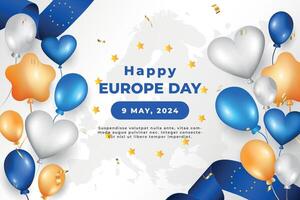 gelukkig Europa dag 9e kunnen. golvend lint vlag Aan wit achtergrond. gelukkig Europa onafhankelijkheid dag banier met ballonnen en vlaggen vector