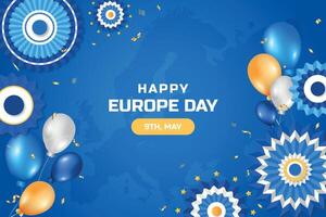 gelukkig Europa dag achtergrond. 9e kunnen. gelukkig Europa onafhankelijkheid dag realistisch achtergrond met ballonnen en papier rozetten vector