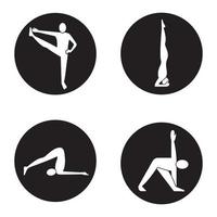 yoga asana's pictogrammen instellen. utthita hasta padangusthasana, salamba sirsasana, halasana, trikonasana yogaposities. vector witte silhouetten illustraties in zwarte cirkels