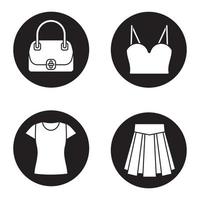 damesaccessoires pictogrammen instellen. handtas, top, rok, t-shirt. vector witte silhouetten illustraties in zwarte cirkels