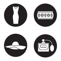 damesaccessoires pictogrammen instellen. mouwloze avondjurk, metalen armband, hoed, parfum. vector witte silhouetten illustraties in zwarte cirkels