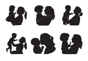 ma en zoon of moeder en zoon zwart silhouetten illustratie. gelukkig moeder dag concept vector