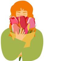 jong roodharig vrouw met een boeket van bloeiend tulpen.kleurrijk modern illustratie in vlak stijl. voor het drukken Aan kaarten en posters Gefeliciteerd Aan verjaardag, Valentijnsdag dag, vrouwen dag. vector