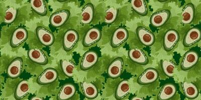 smakelijk naadloos patroon met avocado en groen salade bladeren. bloemen eindeloos afdrukken voor het drukken Aan kleding stof, omhulsel papier, dekt. vegetarisme en gezond aan het eten. vector