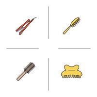 vrouwen haaraccessoires kleur iconen set. haarborstels, stijltang, klauwhaarclip. geïsoleerde vectorillustraties vector