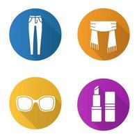 damesaccessoires platte ontwerp lange schaduw iconen set. skinny jeans, sjaal, lippenstift, zonnebril. vector silhouet illustratie