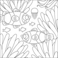 zwart en wit onder de zee landschap illustratie met clown vis en actinia. oceaan leven lijn tafereel met zand, zeewier, koralen, riffen. schattig plein water natuur achtergrond, kleur bladzijde vector