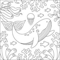 zwart en wit onder de zee landschap illustratie met blauw walvis en koralen. oceaan leven lijn tafereel met zand, zeewier, riffen. schattig plein water natuur achtergrond, kleur bladzijde vector