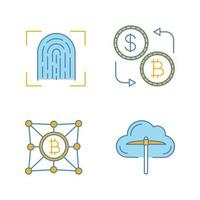 bitcoin cryptocurrency gekleurde pictogrammen instellen. vingerafdruk scannen, cloud mining, valutawissel, bitcoin-netwerk. geïsoleerde vectorillustraties vector