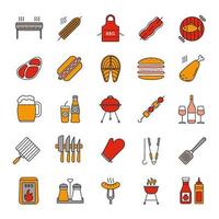 barbecue kleur pictogrammen instellen. barbecueën. barbecuegrills, eten, drinken, keukengerei. geïsoleerde vectorillustraties vector