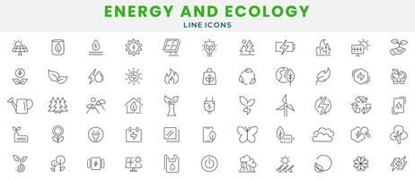 energie en ecologie icoon set. bescherming, planeet zorg, natuurlijk recycling stroom, hernieuwbaar energie, zonne- cellen, omgeving, hernieuwbaar energie, groen technologie, duurzaamheid, natuur, water icoon vector