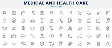 medicijnen en Gezondheid zorg lijn pictogrammen set. gezondheidszorg, medisch, geneesmiddel, controleren omhoog, dokter, tandheelkunde, apotheek, laboratorium, wetenschappelijk ontdekking pictogrammen verzameling. vector