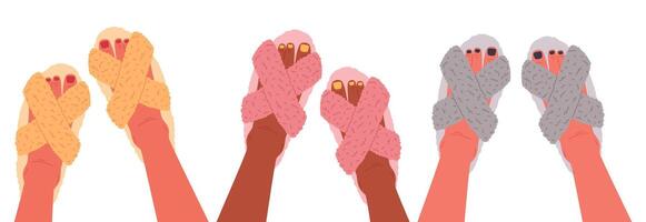 voeten vervelend huiselijk slippers. vrouw huis schoenen, voeten met schattig pedicure in pluizig huis schoenen vlak illustratie set. knus faux vacht binnen- schoenen vector