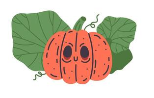 spookachtig gesneden pompoen. halloween vakantie groenten, schattig pompoen jack-o-lantern met eng gezicht vlak illustratie. hand- getrokken halloween pompoen Aan wit vector