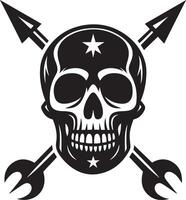 agressief menselijk schedel met wapens voor gelukkig dood dag. wijnoogst stijl logo of tatoeëren dood hoofd. vector