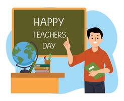 mannetje leraar tonen gelukkig leraren dag tekst Aan de schoolbord of leraren dag vlak ontwerp tekenfilm illustratie vector
