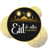 eid al adha mubarak ontwerp met gouden mandala, lantaarn, moskee vector