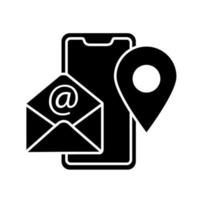 glyph-pictogram voor contactgegevens. telefoon, e-mail, locatie. Neem contact op. communicatie. smartphone, envelop, pinpoint. silhouet symbool. negatieve ruimte. vector geïsoleerde illustratie