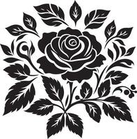decoratief roos met bladeren, zwart kleur silhouet vector