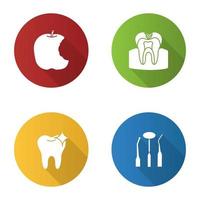 tandheelkunde platte ontwerp lange schaduw glyph pictogrammen instellen. stomatologie. gebeten appel, cariës, glanzende tand, tandheelkundige instrumenten. vector silhouet illustratie
