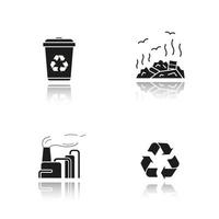 afvalbeheer slagschaduw zwarte pictogrammen instellen. prullenbaksymbool, vuilnisbelt, fabrieksvervuiling. milieubescherming. geïsoleerde vectorillustraties vector