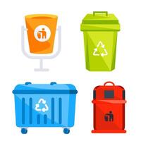 uitschot kan set. metaal en plastic vuilnis containers. reeks openbaar buitenshuis recycling afval. vector