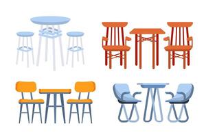stoelen en tafels set. meubilair voor kantoor, cafe, restaurant. huis keuken interieur vector