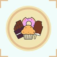 snoep kleur icoon. banketbakkerij. chocoladereep, donut, muffin met rozijnen, ijs. geïsoleerde vectorillustratie vector