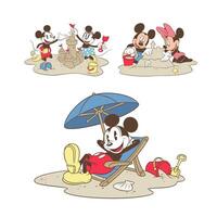 Disney geanimeerd karakter reeks mickey muis en minnie muis in de strand tekenfilm vector