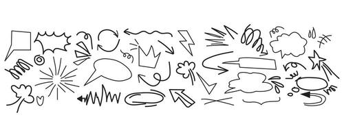 hand- getrokken tekening ontwerp elementen, zwart Aan wit achtergrond. hoogtepunt, toespraak bubbel, zwiept, duikt, nadruk, pijl, kroon, borstel hartinfarct. tekening vector