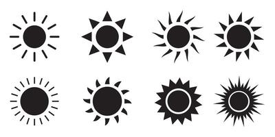 zon icoon set, zon symbool zwart zonnen ster pictogrammen verzameling zomer zonlicht, natuur, lucht zonsondergang vector