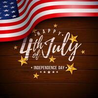 4e van juli onafhankelijkheid dag van de Verenigde Staten van Amerika illustratie met Amerikaans vlag, goud ster en typografie belettering Aan wijnoogst hout achtergrond. vierde van juli nationaal viering ontwerp met vector