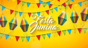 festa Junina illustratie met partij vlaggen en papier lantaarn Aan geel achtergrond. Brazilië juni traditioneel vakantie festival ontwerp voor viering banier, groet kaart, uitnodiging of poster vector