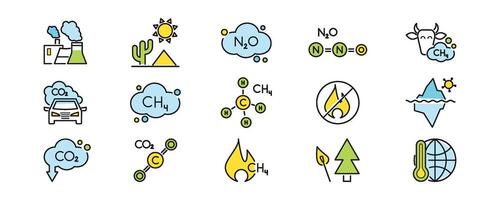 kas gassen. methaan 4l, koolstof dioxide, n2o kleur icoon set. ontbossing, glaciaal smelten, brandwond, giftig, vuur, verbranding, koe, lekken, formule, molecuul, wolk. illustratie vector