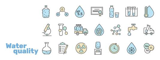 water kwaliteit pictogrammen set. molecuul, bevriezing punt, bacterieel, zwaar metalen, tik, schoon, druppel, kraan, heet, drankje, fles, koeler, vrachtauto illustratie. vector