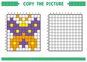 kopiëren de afbeelding, compleet de rooster afbeelding. leerzaam werkbladen tekening met vierkanten, kleur cel gebieden. kinderen peuter- activiteiten. tekenfilm, pixel kunst. kleurrijk mot illustratie. vector