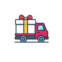 levering vrachtauto met geschenk doos icoon. tekenfilm stijl. online levering onderhoud en online bestellen bijhouden concept. vector