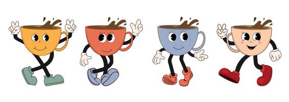 retro tekenfilm reeks van grappig koffie tekens in groovy stijl, schattig mascotte. wijnoogst koffie illustratie. nostalgie voor de jaren 60, jaren 70, jaren 80. vector