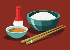 Aziatisch keuken essentials - rijst, miso soep, en eetstokjes vector