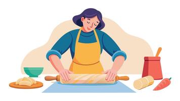huisvrouw met rollend pin broodjes uit bladerdeeg gebakje- vector