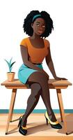 een jong zwart vrouw zittend Aan een tafel- vector